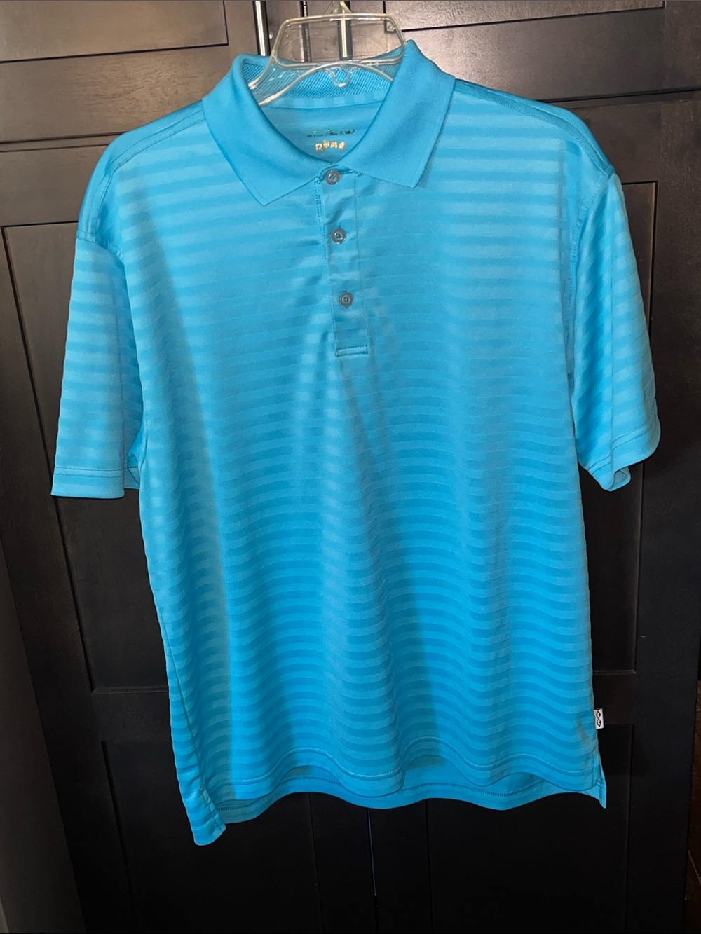 “Snake Eyes” Men's Aqua Blue Striped Polo (Golf) Shirt. Sz. Med. Like New